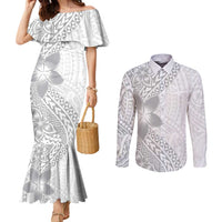Lotu Tamaiti White Sunday Couples Matching Mermaid Dress and Long Sleeve Button Shirt Pacific Plumeria Flowers - White Version LT9 White - Polynesian Pride