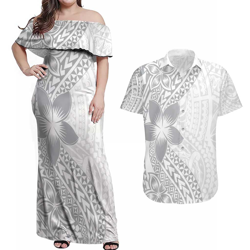 Lotu Tamaiti White Sunday Couples Matching Off Shoulder Maxi Dress and Hawaiian Shirt Pacific Plumeria Flowers - White Version LT9 White - Polynesian Pride