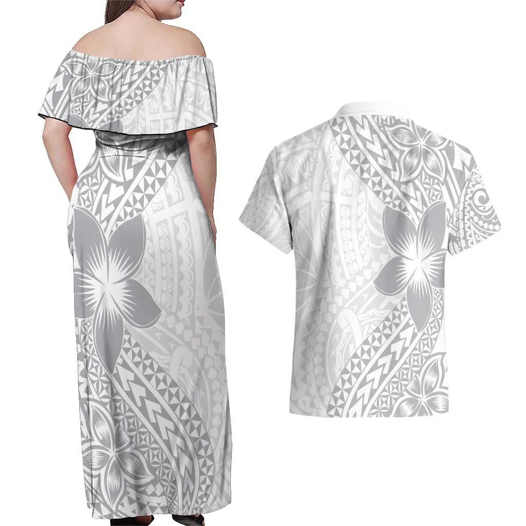 Lotu Tamaiti White Sunday Couples Matching Off Shoulder Maxi Dress and Hawaiian Shirt Pacific Plumeria Flowers - White Version LT9 - Polynesian Pride