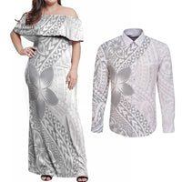 Lotu Tamaiti White Sunday Couples Matching Off Shoulder Maxi Dress and Long Sleeve Button Shirt Pacific Plumeria Flowers - White Version LT9 White - Polynesian Pride