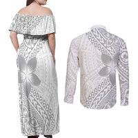 Lotu Tamaiti White Sunday Couples Matching Off Shoulder Maxi Dress and Long Sleeve Button Shirt Pacific Plumeria Flowers - White Version LT9 - Polynesian Pride