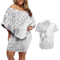 Lotu Tamaiti White Sunday Couples Matching Off Shoulder Short Dress and Hawaiian Shirt Pacific Plumeria Flowers - White Version LT9 White - Polynesian Pride