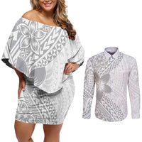 Lotu Tamaiti White Sunday Couples Matching Off Shoulder Short Dress and Long Sleeve Button Shirt Pacific Plumeria Flowers - White Version LT9 White - Polynesian Pride