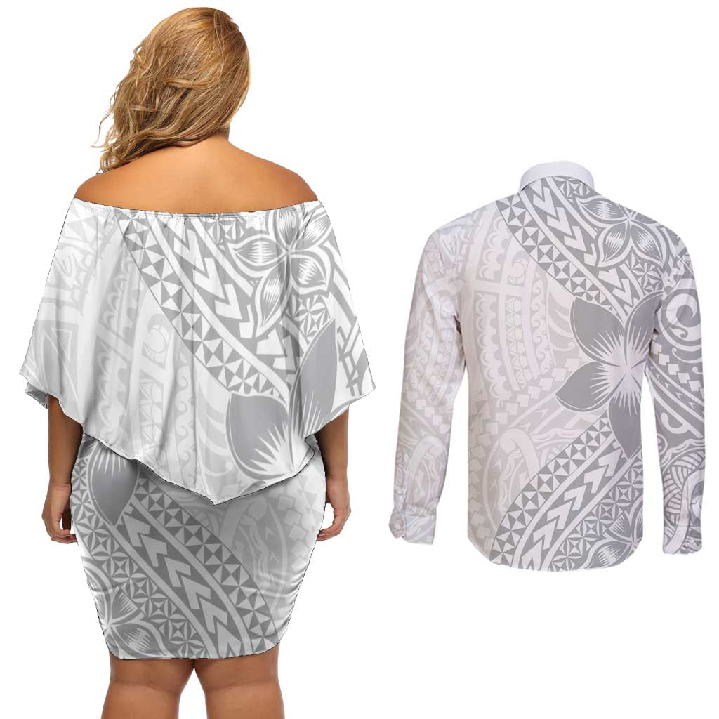 Lotu Tamaiti White Sunday Couples Matching Off Shoulder Short Dress and Long Sleeve Button Shirt Pacific Plumeria Flowers - White Version LT9 - Polynesian Pride