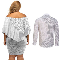 Lotu Tamaiti White Sunday Couples Matching Off Shoulder Short Dress and Long Sleeve Button Shirt Pacific Plumeria Flowers - White Version LT9 - Polynesian Pride