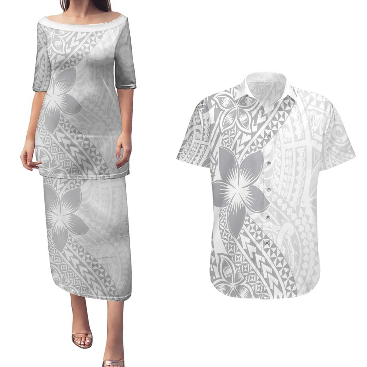 Lotu Tamaiti White Sunday Couples Matching Puletasi and Hawaiian Shirt Pacific Plumeria Flowers - White Version LT9 White - Polynesian Pride