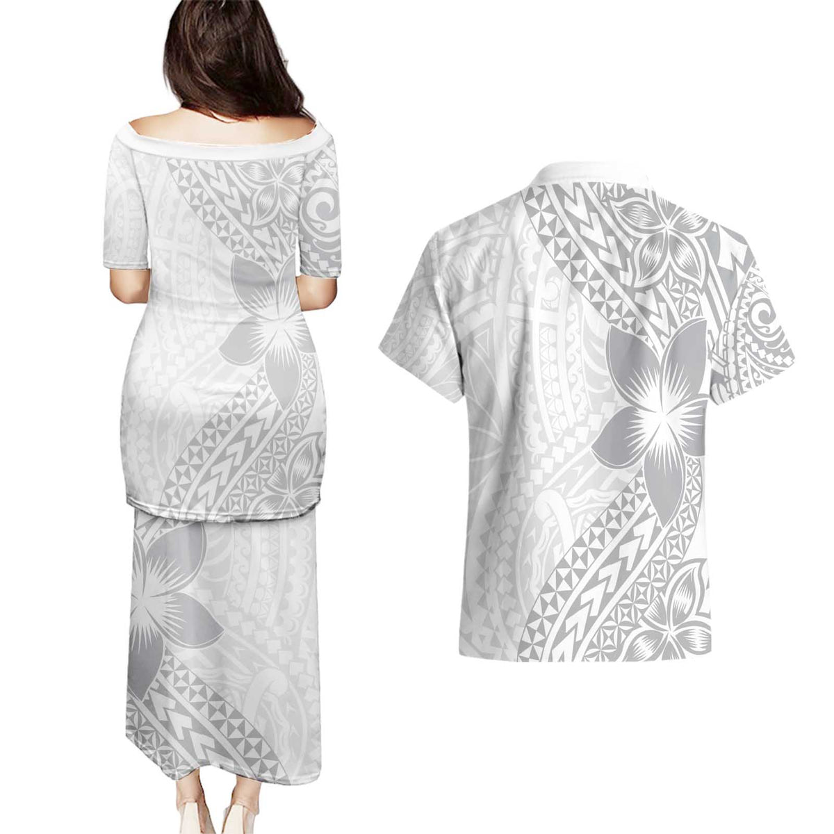 Lotu Tamaiti White Sunday Couples Matching Puletasi and Hawaiian Shirt Pacific Plumeria Flowers - White Version LT9 - Polynesian Pride