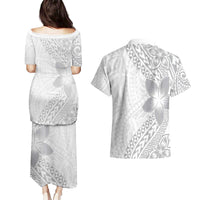 Lotu Tamaiti White Sunday Couples Matching Puletasi and Hawaiian Shirt Pacific Plumeria Flowers - White Version LT9 - Polynesian Pride