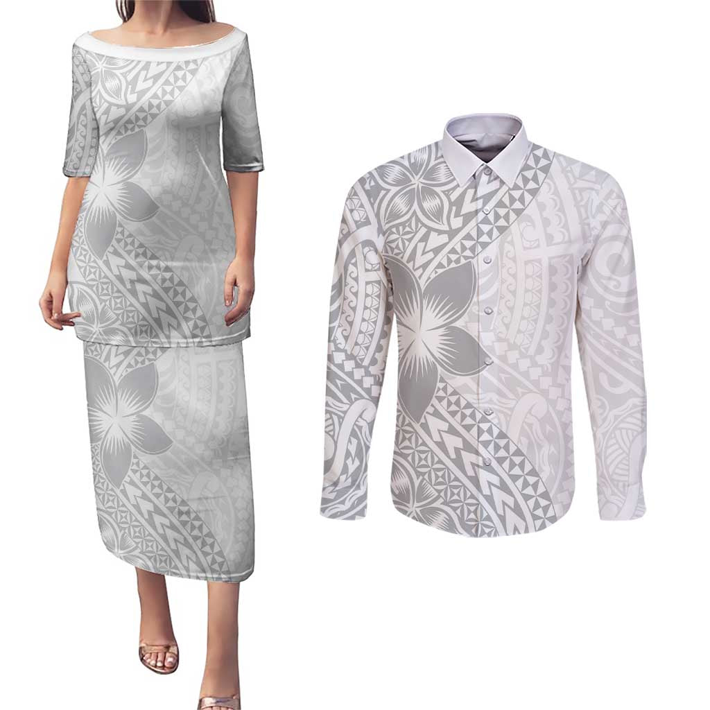 Lotu Tamaiti White Sunday Couples Matching Puletasi and Long Sleeve Button Shirt Pacific Plumeria Flowers - White Version LT9 White - Polynesian Pride