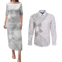 Lotu Tamaiti White Sunday Couples Matching Puletasi and Long Sleeve Button Shirt Pacific Plumeria Flowers - White Version LT9 White - Polynesian Pride