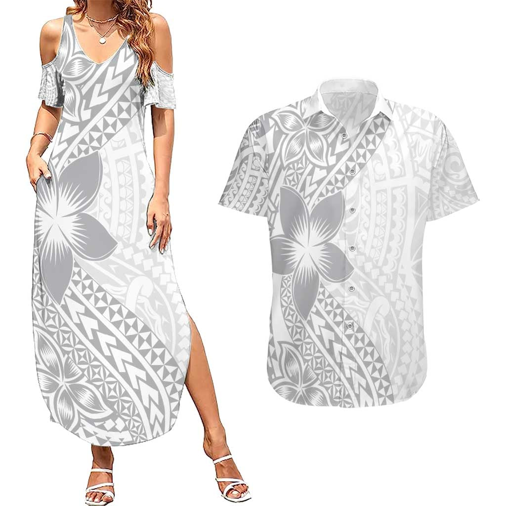 Lotu Tamaiti White Sunday Couples Matching Summer Maxi Dress and Hawaiian Shirt Pacific Plumeria Flowers - White Version LT9 White - Polynesian Pride