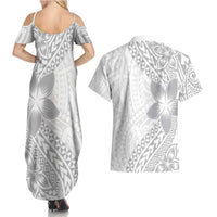 Lotu Tamaiti White Sunday Couples Matching Summer Maxi Dress and Hawaiian Shirt Pacific Plumeria Flowers - White Version LT9 - Polynesian Pride