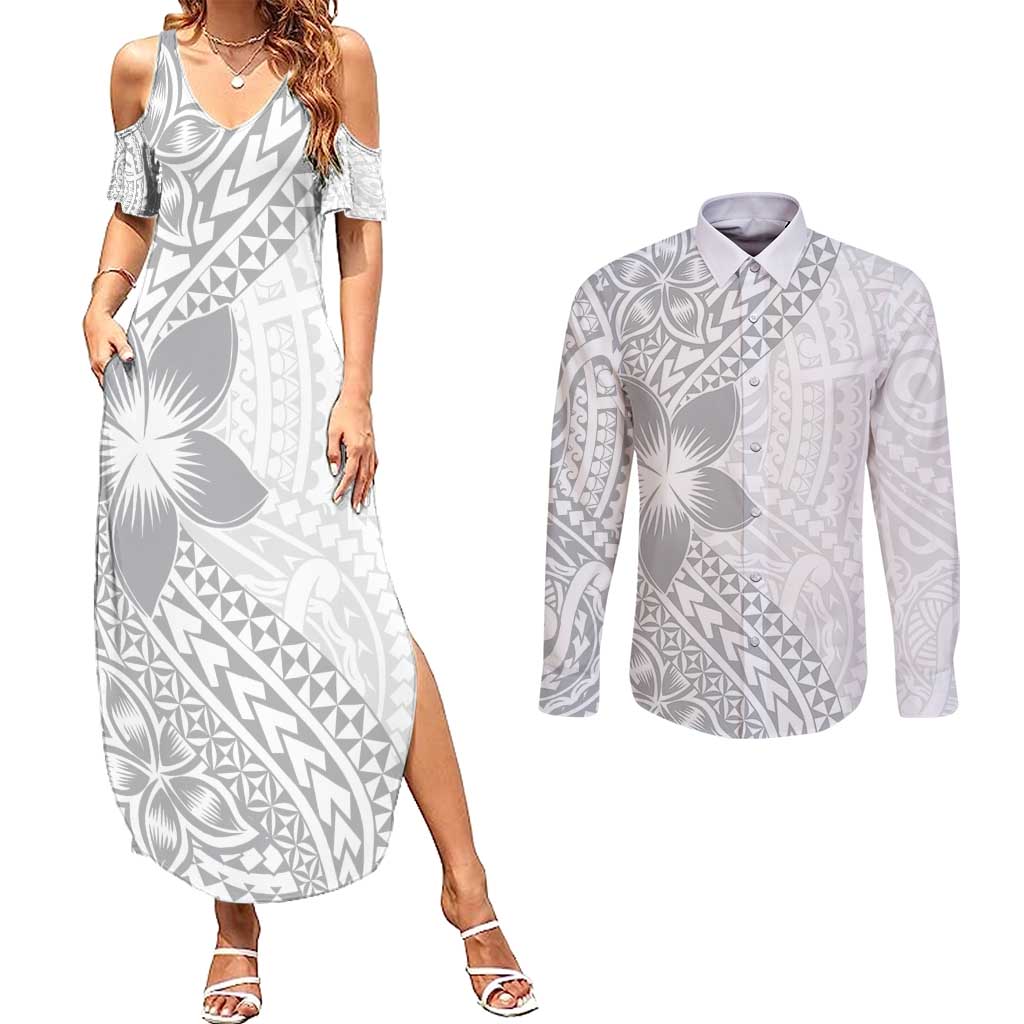 Lotu Tamaiti White Sunday Couples Matching Summer Maxi Dress and Long Sleeve Button Shirt Pacific Plumeria Flowers - White Version LT9 White - Polynesian Pride