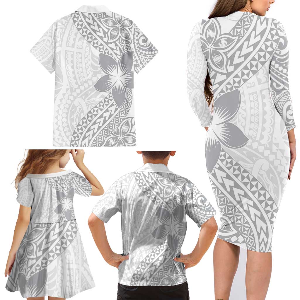 Lotu Tamaiti White Sunday Family Matching Long Sleeve Bodycon Dress and Hawaiian Shirt Pacific Plumeria Flowers - White Version LT9 - Polynesian Pride