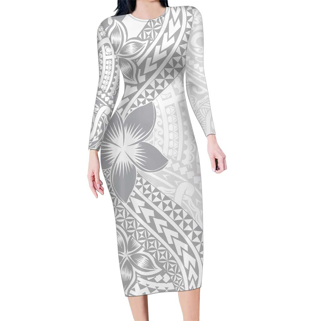 Lotu Tamaiti White Sunday Family Matching Long Sleeve Bodycon Dress and Hawaiian Shirt Pacific Plumeria Flowers - White Version LT9 Mom's Dress White - Polynesian Pride
