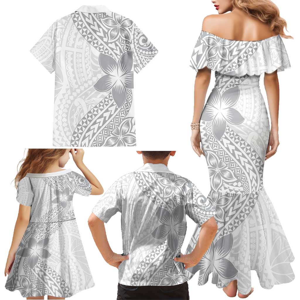 Lotu Tamaiti White Sunday Family Matching Mermaid Dress and Hawaiian Shirt Pacific Plumeria Flowers - White Version LT9 - Polynesian Pride