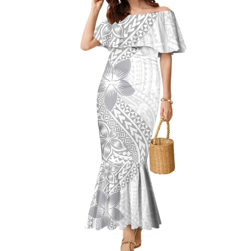 Lotu Tamaiti White Sunday Family Matching Mermaid Dress and Hawaiian Shirt Pacific Plumeria Flowers - White Version LT9 Mom's Dress White - Polynesian Pride