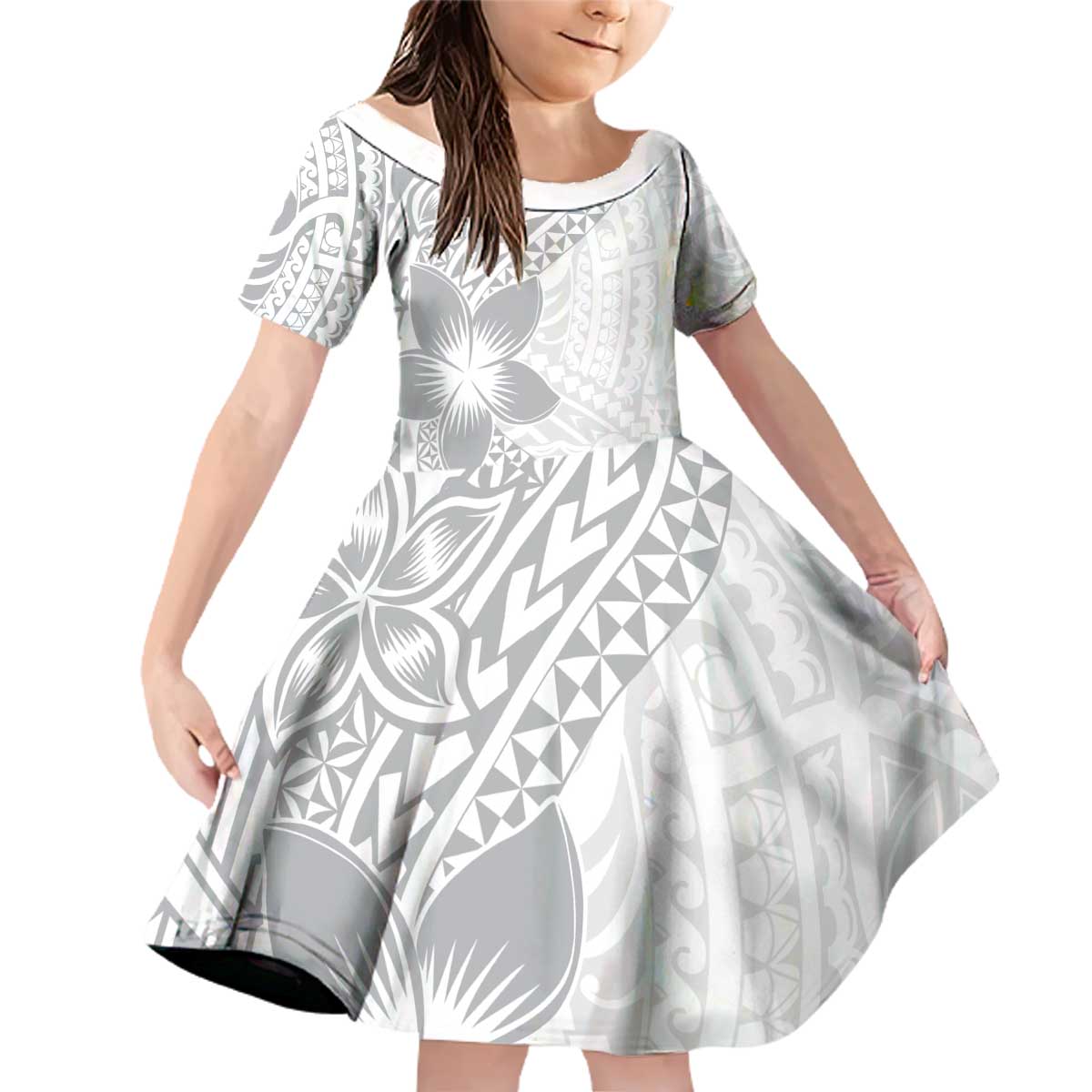 Lotu Tamaiti White Sunday Family Matching Off Shoulder Short Dress and Hawaiian Shirt Pacific Plumeria Flowers - White Version LT9 Daughter's Dress White - Polynesian Pride