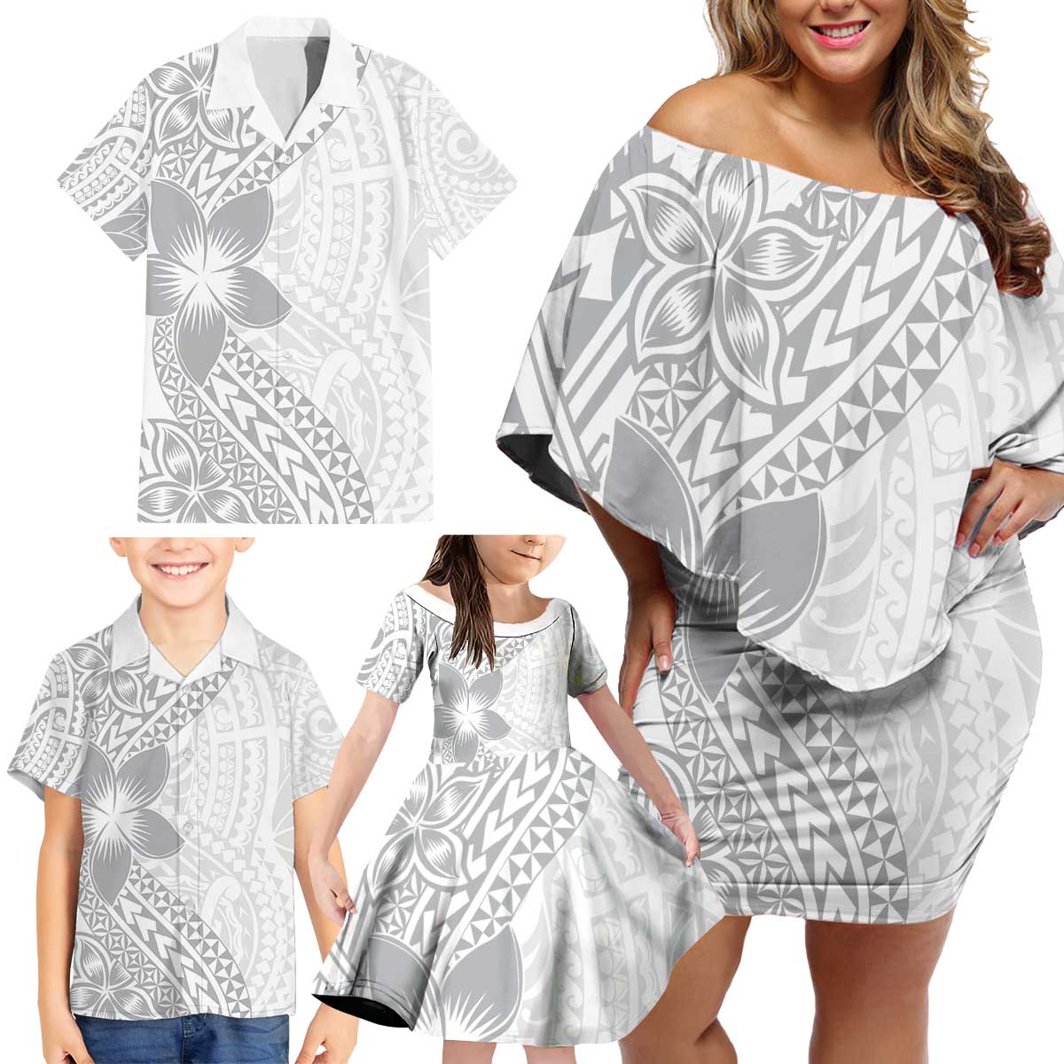 Lotu Tamaiti White Sunday Family Matching Off Shoulder Short Dress and Hawaiian Shirt Pacific Plumeria Flowers - White Version LT9 - Polynesian Pride