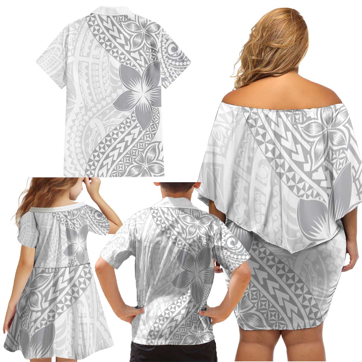 Lotu Tamaiti White Sunday Family Matching Off Shoulder Short Dress and Hawaiian Shirt Pacific Plumeria Flowers - White Version LT9 - Polynesian Pride