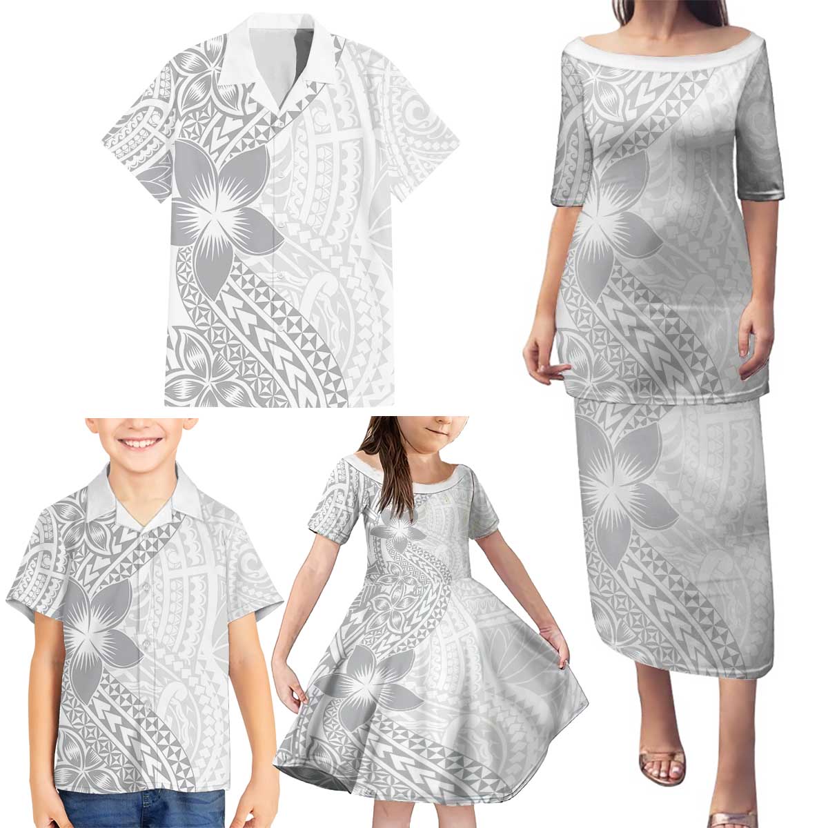 Lotu Tamaiti White Sunday Family Matching Puletasi and Hawaiian Shirt Pacific Plumeria Flowers - White Version LT9 - Polynesian Pride