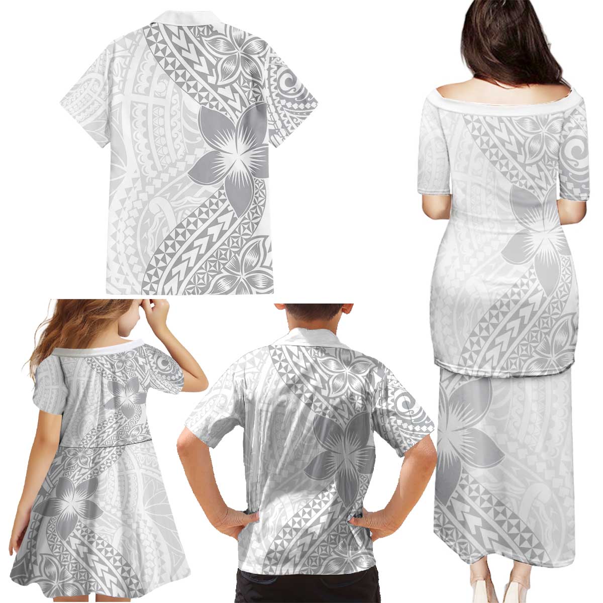 Lotu Tamaiti White Sunday Family Matching Puletasi and Hawaiian Shirt Pacific Plumeria Flowers - White Version LT9 - Polynesian Pride