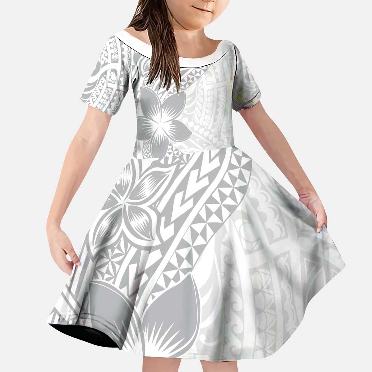 Lotu Tamaiti White Sunday Kid Short Sleeve Dress Pacific Plumeria Flowers - White Version LT9 KID White - Polynesian Pride