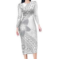 Lotu Tamaiti White Sunday Long Sleeve Bodycon Dress Pacific Plumeria Flowers - White Version LT9 Long Dress White - Polynesian Pride
