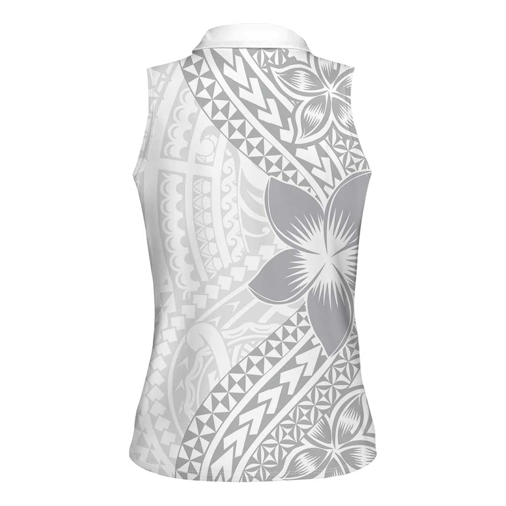 Lotu Tamaiti White Sunday Women Sleeveless Polo Shirt Pacific Plumeria Flowers - White Version LT9 - Polynesian Pride