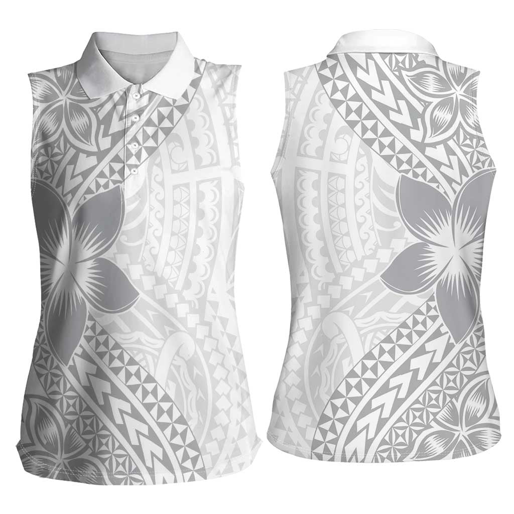 Lotu Tamaiti White Sunday Women Sleeveless Polo Shirt Pacific Plumeria Flowers - White Version LT9 - Polynesian Pride