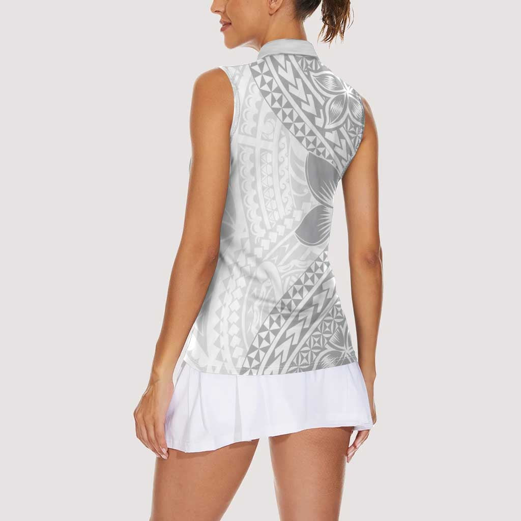 Lotu Tamaiti White Sunday Women Sleeveless Polo Shirt Pacific Plumeria Flowers - White Version LT9 - Polynesian Pride