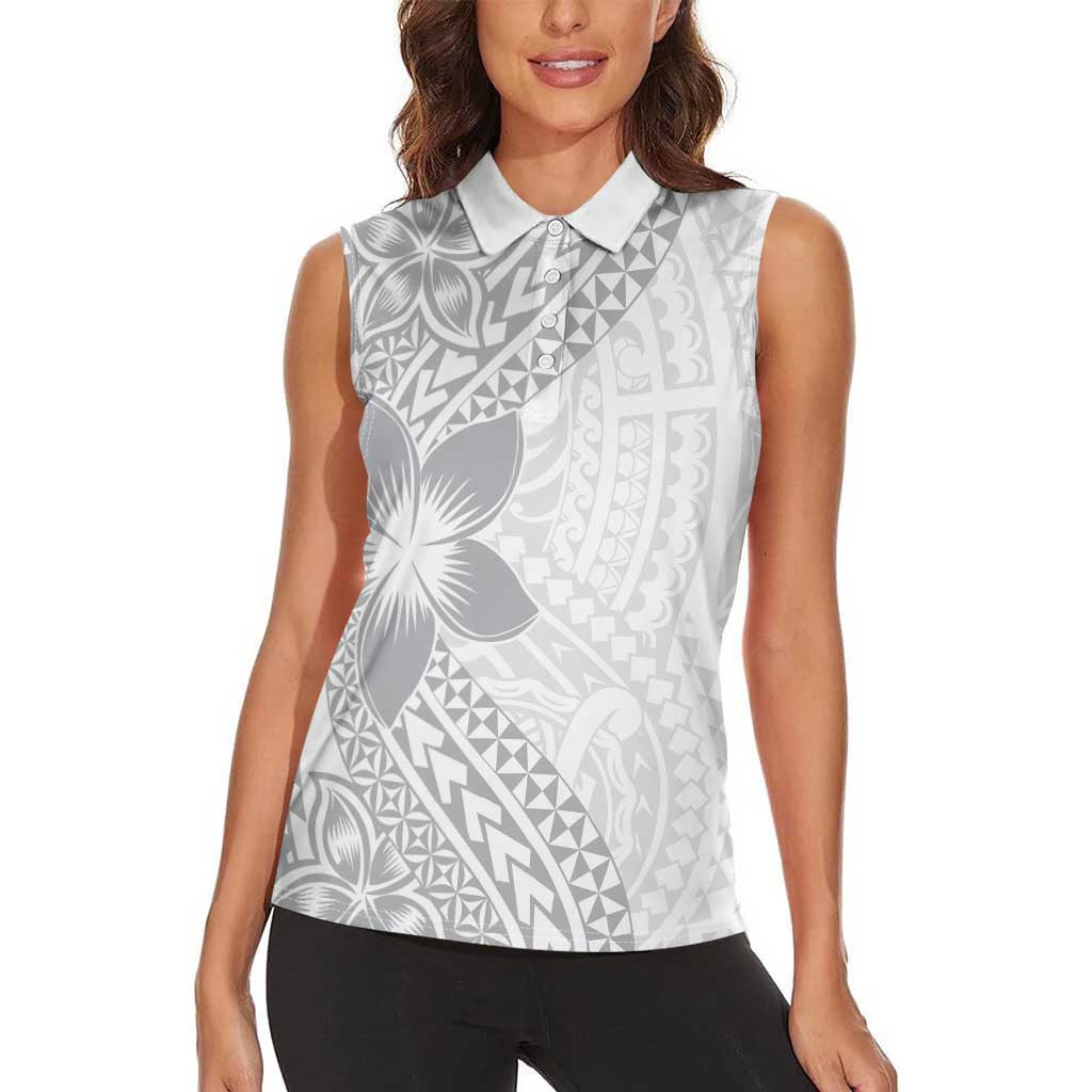 Lotu Tamaiti White Sunday Women Sleeveless Polo Shirt Pacific Plumeria Flowers - White Version LT9 - Polynesian Pride