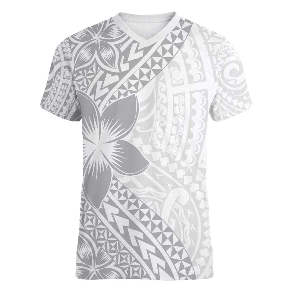 Lotu Tamaiti White Sunday Women V-Neck T-Shirt Pacific Plumeria Flowers - White Version LT9 Female White - Polynesian Pride