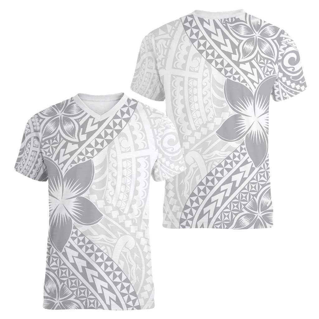 Lotu Tamaiti White Sunday Women V-Neck T-Shirt Pacific Plumeria Flowers - White Version LT9 - Polynesian Pride