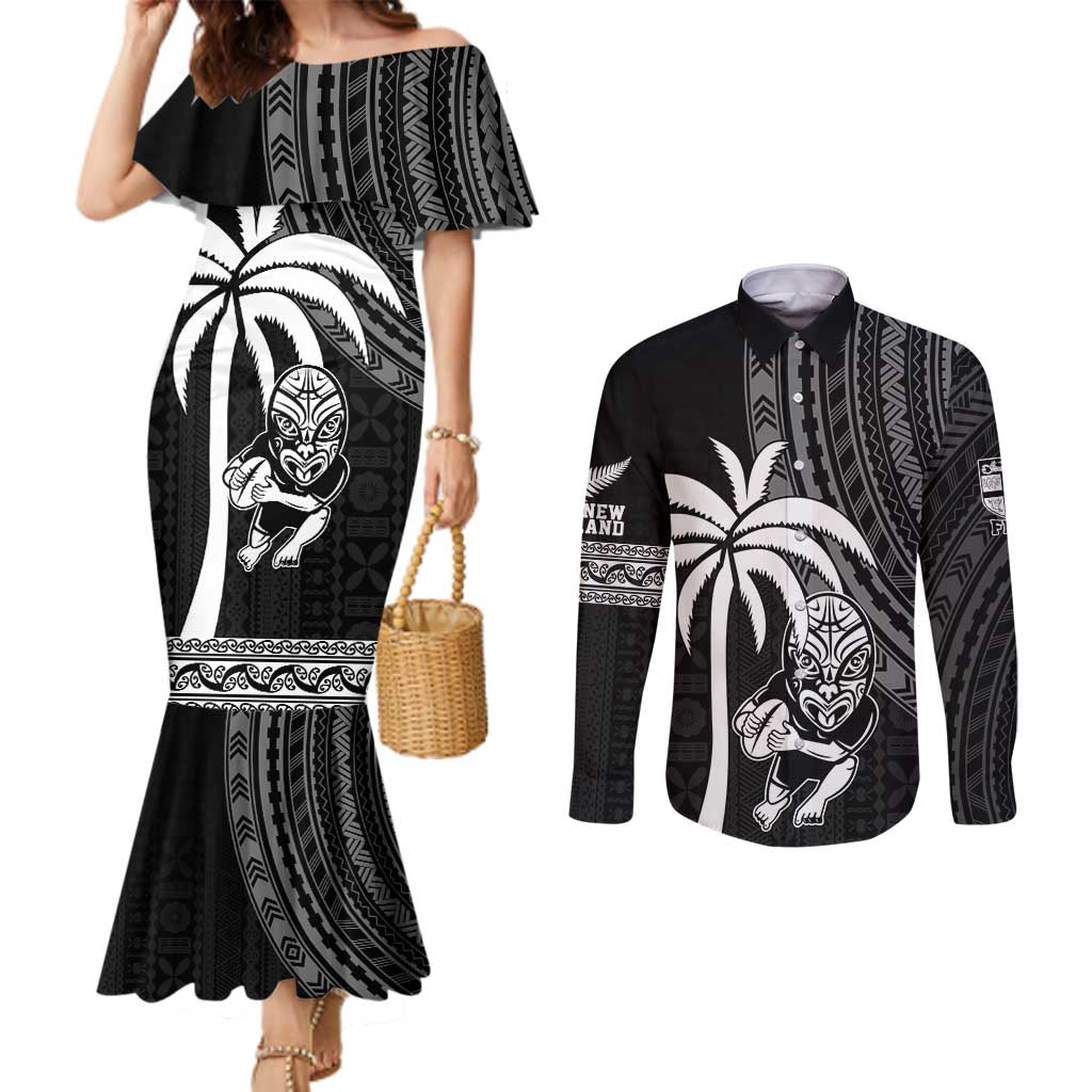 Custom Fiji New Zealand Rugby Couples Matching Mermaid Dress and Long Sleeve Button Shirt Make History Together LT9 Black - Polynesian Pride