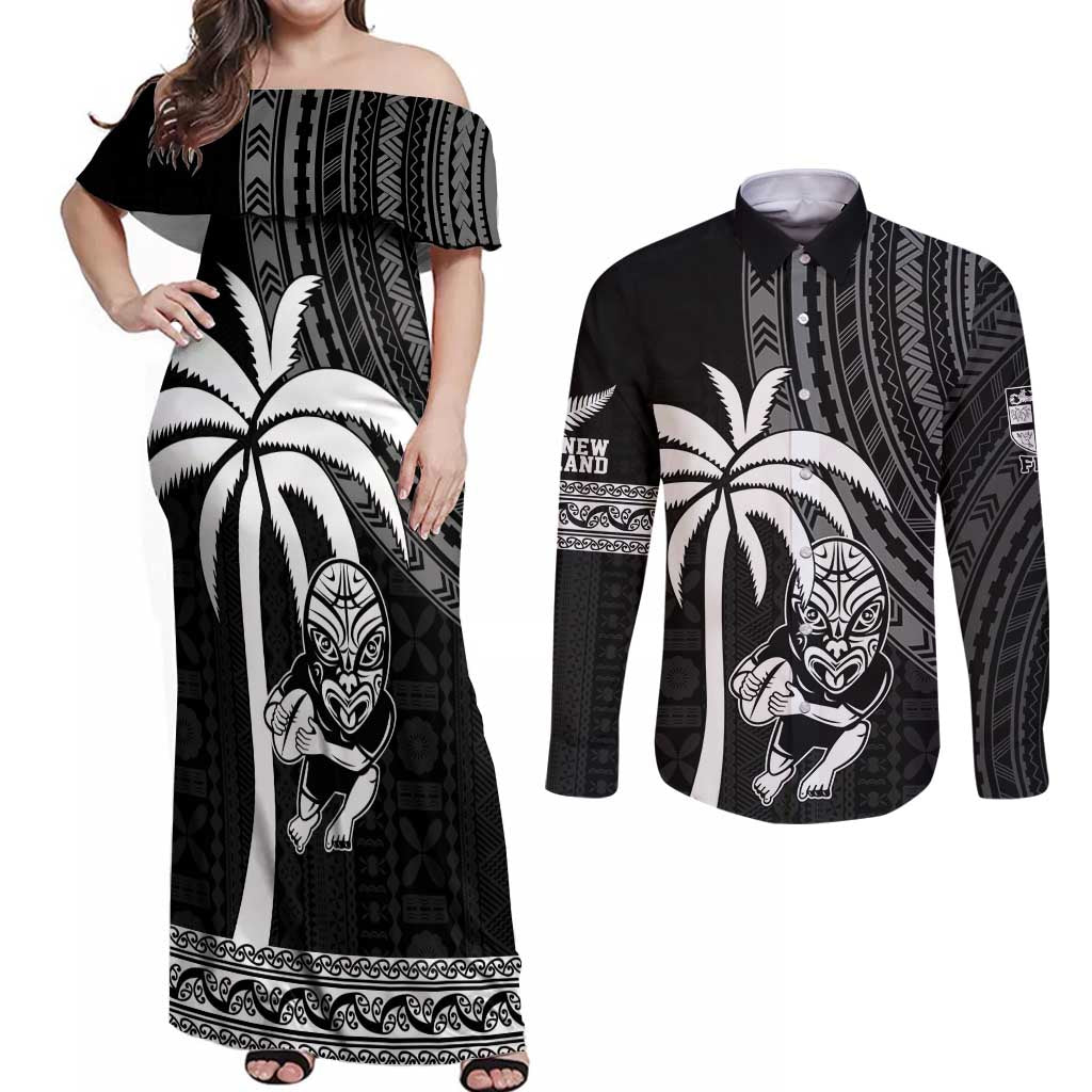 Custom Fiji New Zealand Rugby Couples Matching Off Shoulder Maxi Dress and Long Sleeve Button Shirt Make History Together LT9 Black - Polynesian Pride
