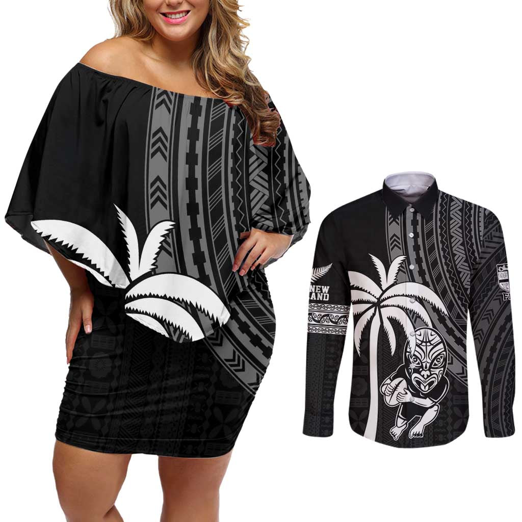 Custom Fiji New Zealand Rugby Couples Matching Off Shoulder Short Dress and Long Sleeve Button Shirt Make History Together LT9 Black - Polynesian Pride