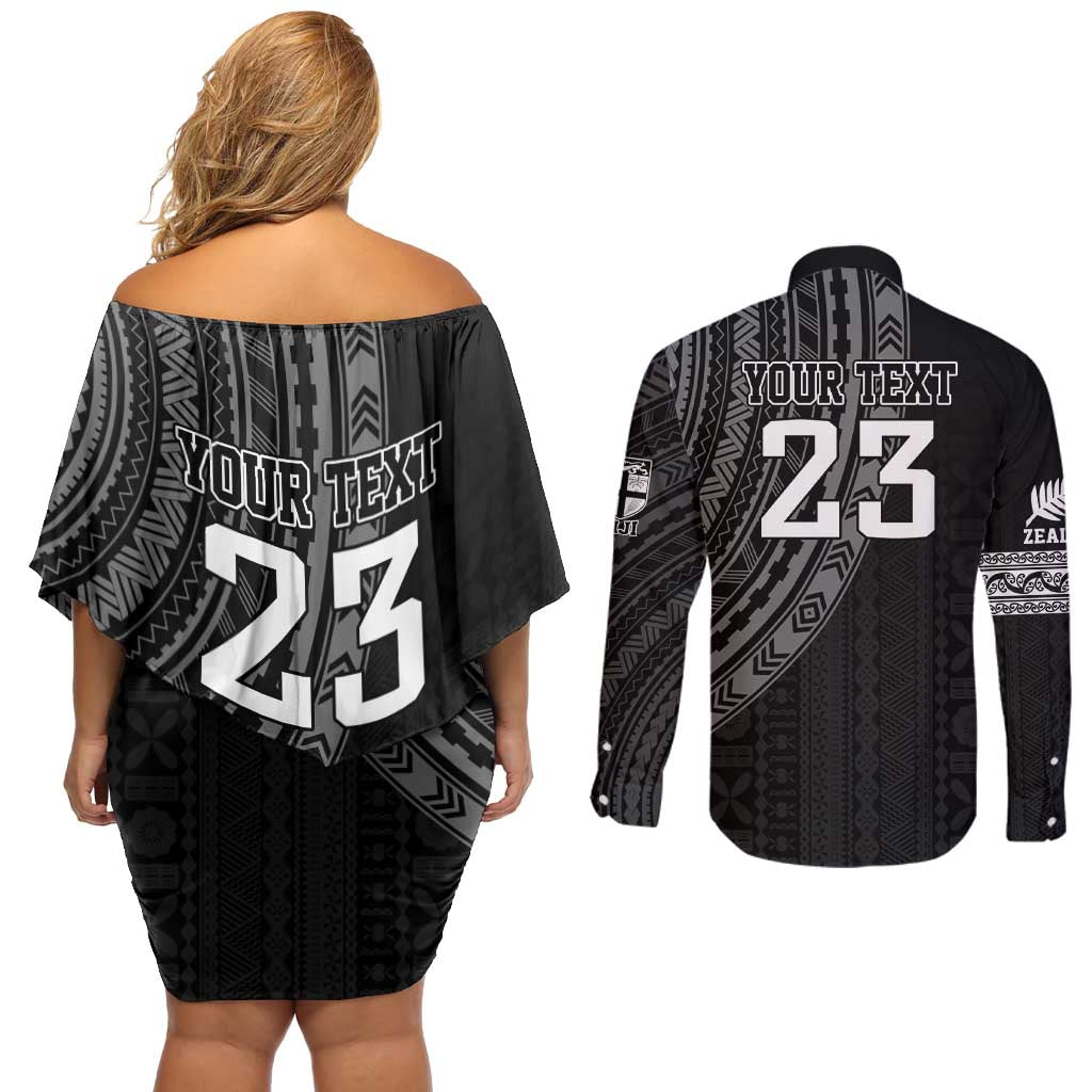 Custom Fiji New Zealand Rugby Couples Matching Off Shoulder Short Dress and Long Sleeve Button Shirt Make History Together LT9 - Polynesian Pride