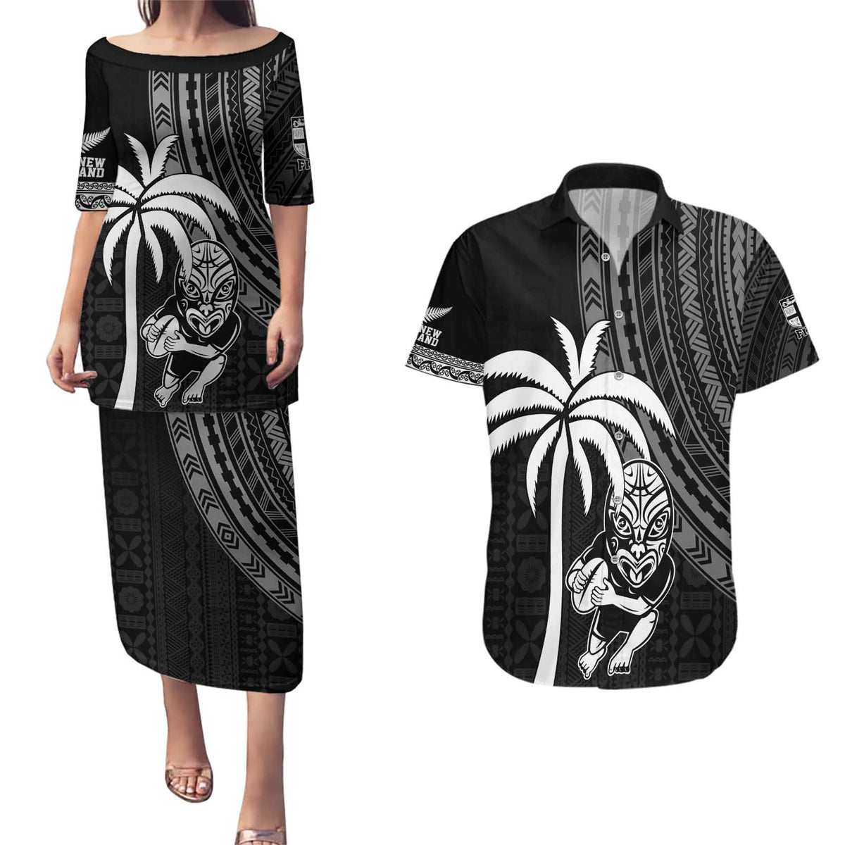 Custom Fiji New Zealand Rugby Couples Matching Puletasi and Hawaiian Shirt Make History Together LT9 Black - Polynesian Pride