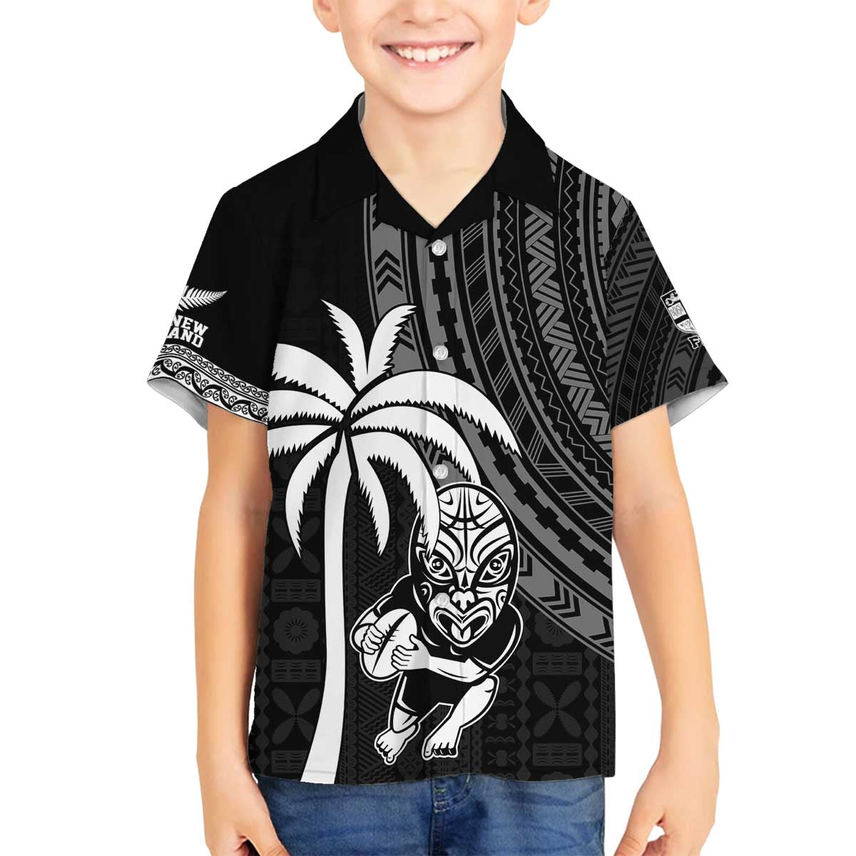Custom Fiji New Zealand Rugby Family Matching Off The Shoulder Long Sleeve Dress and Hawaiian Shirt Make History Together LT9 Son's Shirt Black - Polynesian Pride