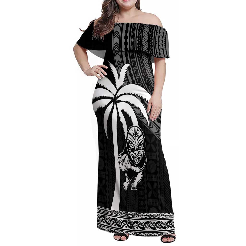 Custom Fiji New Zealand Rugby Family Matching Off Shoulder Maxi Dress and Hawaiian Shirt Make History Together LT9 Mom's Dress Black - Polynesian Pride