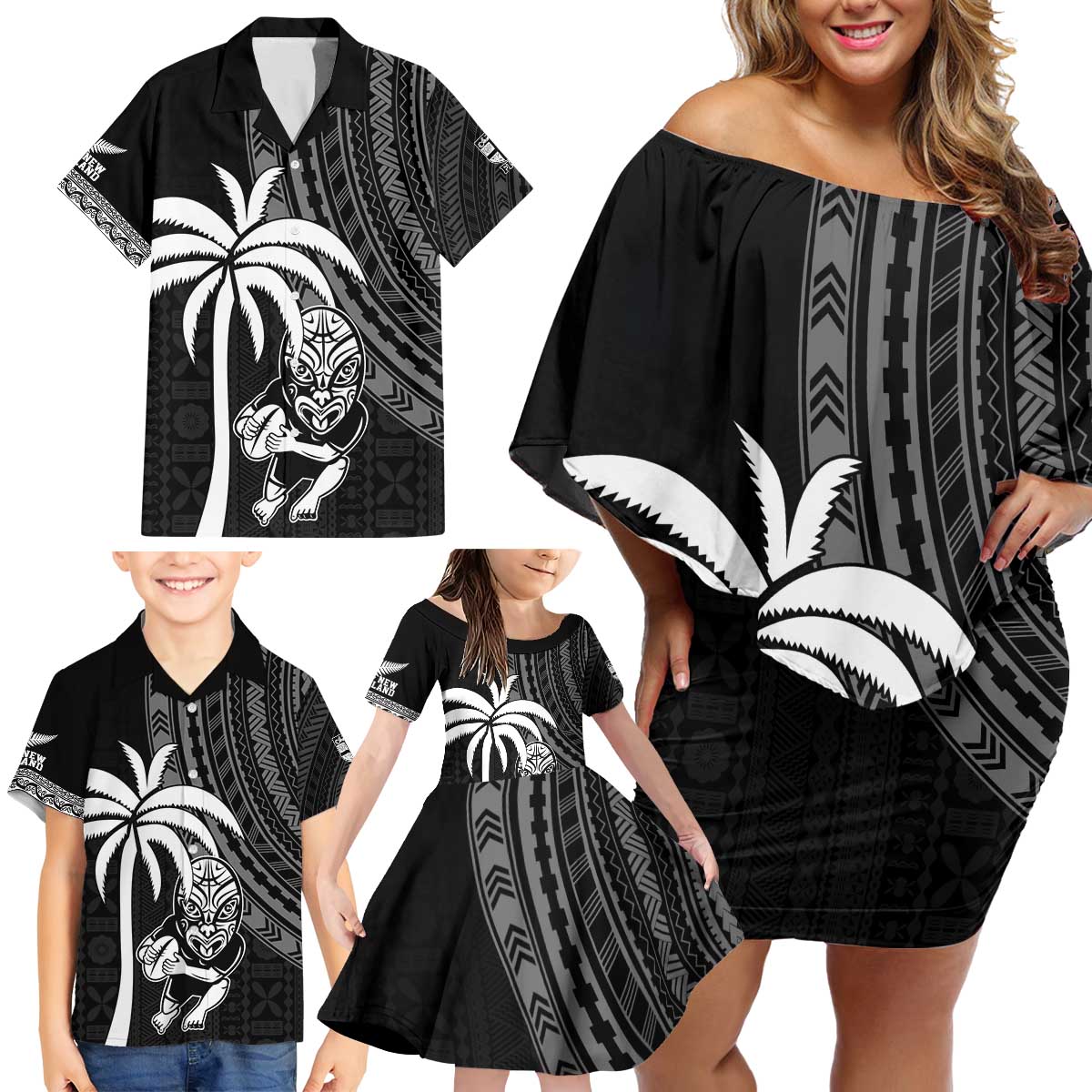 Custom Fiji New Zealand Rugby Family Matching Off Shoulder Short Dress and Hawaiian Shirt Make History Together LT9 - Polynesian Pride