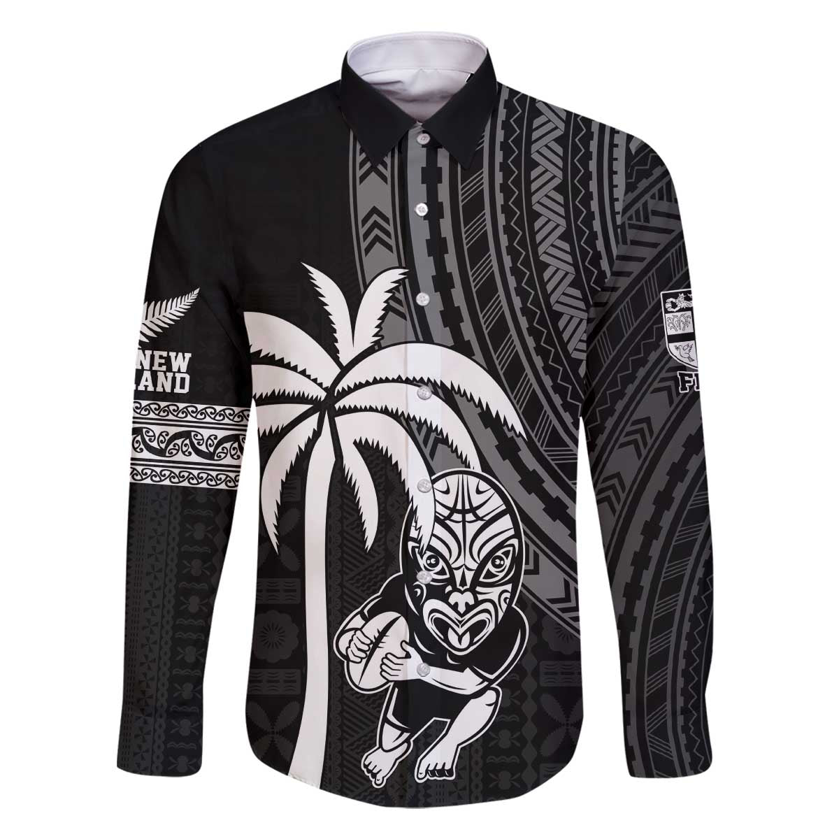 Custom Fiji New Zealand Rugby Family Matching Off Shoulder Short Dress and Hawaiian Shirt Make History Together LT9 Dad's Shirt - Long Sleeve Black - Polynesian Pride
