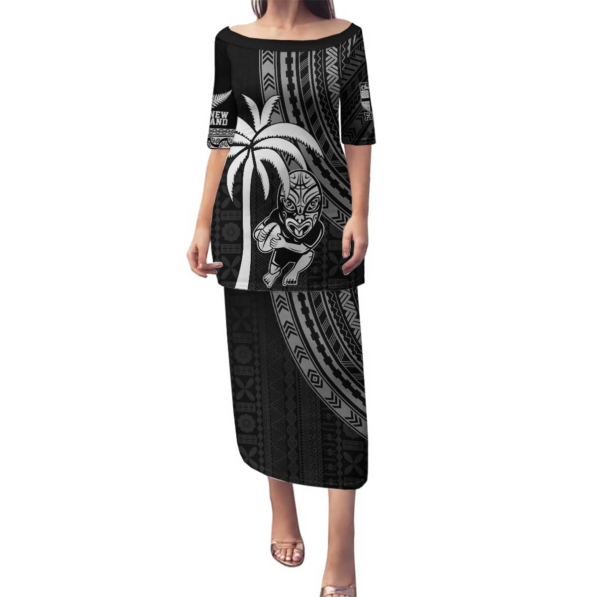 Custom Fiji New Zealand Rugby Family Matching Puletasi and Hawaiian Shirt Make History Together LT9 Mom's Dress Black - Polynesian Pride