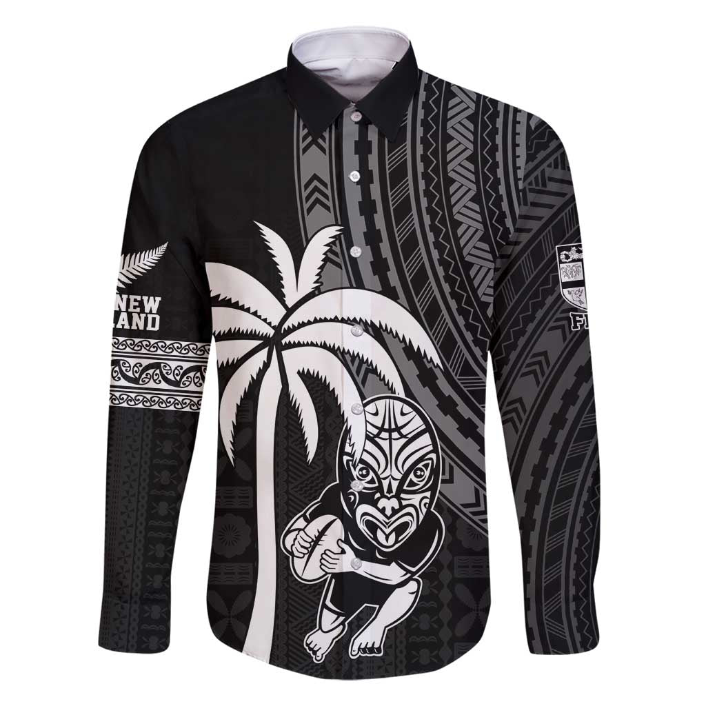 Custom Fiji New Zealand Rugby Family Matching Summer Maxi Dress and Hawaiian Shirt Make History Together LT9 Dad's Shirt - Long Sleeve Black - Polynesian Pride