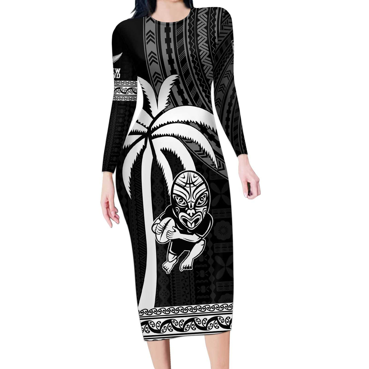 Custom Fiji New Zealand Rugby Long Sleeve Bodycon Dress Make History Together LT9 Long Dress Black - Polynesian Pride