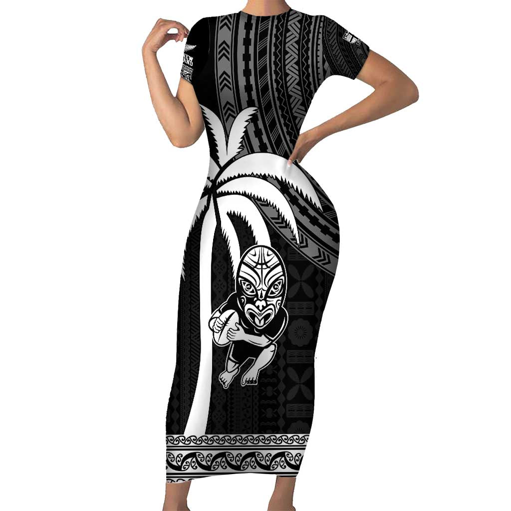 Custom Fiji New Zealand Rugby Short Sleeve Bodycon Dress Make History Together LT9 Long Dress Black - Polynesian Pride
