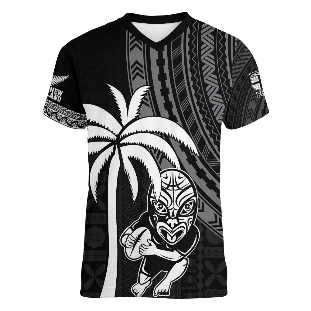 Custom Fiji New Zealand Rugby Women V-Neck T-Shirt Make History Together LT9 Female Black - Polynesian Pride