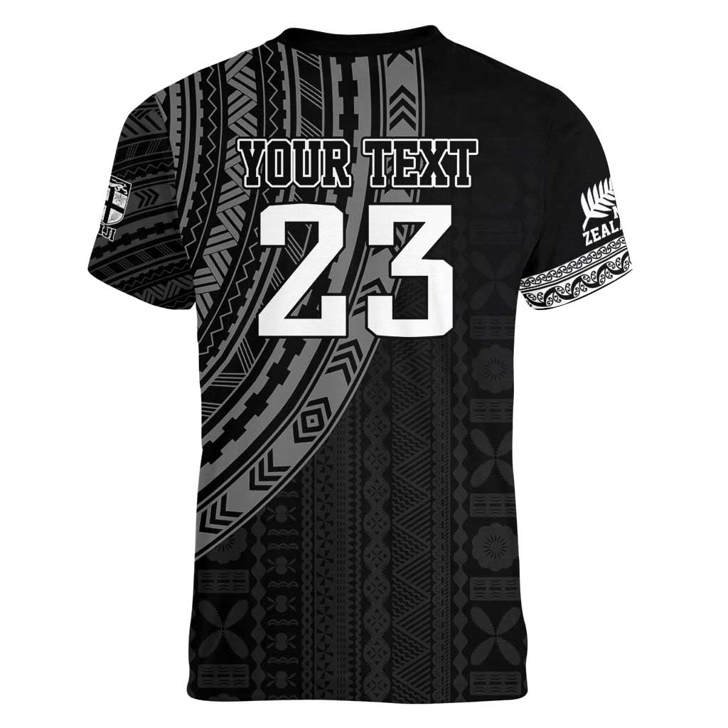Custom Fiji New Zealand Rugby Women V-Neck T-Shirt Make History Together LT9 - Polynesian Pride