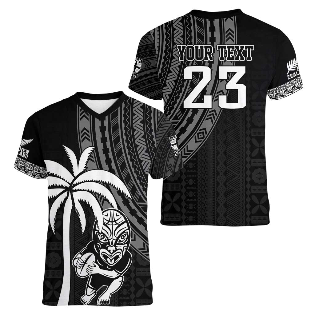 Custom Fiji New Zealand Rugby Women V-Neck T-Shirt Make History Together LT9 - Polynesian Pride